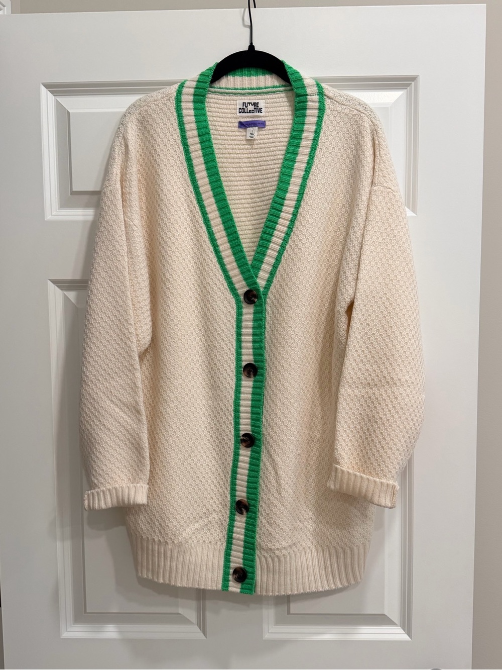 Future Collective Cream Oversized Comfy Cardigan with Green Stripe Trim